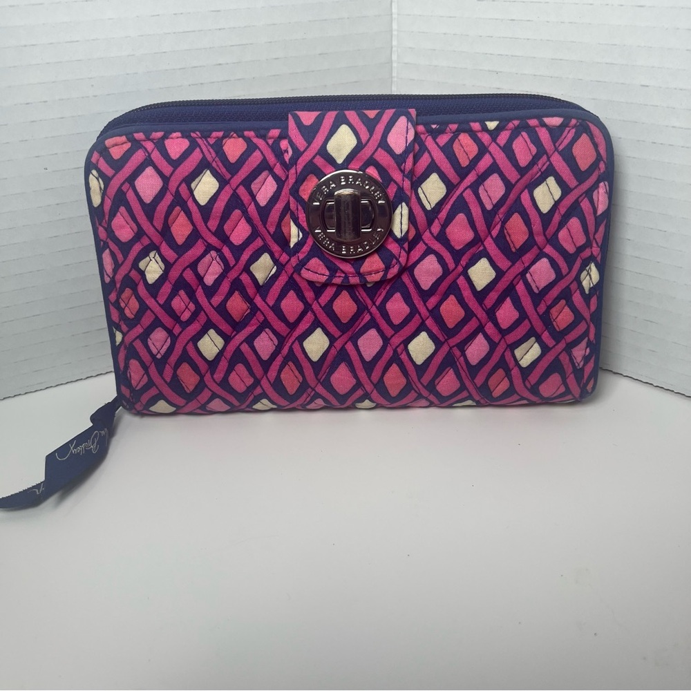 Vera Bradley Blue and Pink Wallet W/ Turn Lock Closure Zip Around Wallet Clutch